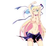  blonde_hair breasts green_eyes huge_breasts katsuragi_(senran_kagura) long_hair looking_at_viewer one_eye_closed senran_kagura shiny shiny_skin solo standing tanabe_kyou topless undressing 