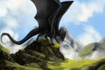  2016 ashesdrawn black_scales day detailed_background digital_media_(artwork) dragon grass horn membranous_wings outside scales scalie sky solo spines western_dragon wings 