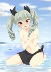  :o anchovy aqua_hair artist_name bare_legs barefoot black_ribbon black_skirt blue_sky blush breasts brown_eyes cleavage cloud collarbone covering covering_breasts day drill_hair full_body girls_und_panzer head_tilt highres horizon legs long_hair looking_at_viewer midriff navel nigo_(aozoragarou) nose_blush ocean open_mouth outdoors ribbon self_hug side_slit sitting skirt sky small_breasts solo stomach teardrop tears teeth thighs tied_skirt twin_drills twintails wariza water 