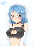  absurdres bell blue_eyes blue_hair blush breasts cat_cutout cat_lingerie cleavage_cutout double_bun hat highres jingle_bell kantai_collection large_breasts long_hair meme_attire navel shiu solo urakaze_(kantai_collection) wavy_mouth white_hat 