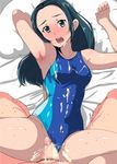  1boy 1girl censored competition_swimsuit cum cum_in_pussy cum_on_body cum_on_clothes erect_nipples green_hair grey_eyes long_hair looking_at_viewer mizusawa_aoi monster_strike nipples one-piece_swimsuit penis pov sex solo_focus soo swimsuit swimsuit_aside vaginal 