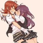  ^_^ ahoge arashi_(kantai_collection) closed_eyes gloves grin hagikaze_(kantai_collection) hug kantai_collection long_hair lowres multiple_girls mutual_hug purple_hair red_hair ree_(re-19) school_uniform skirt smile vest white_gloves 