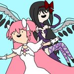 adventure_time akemi_homura akuma_homura argyle argyle_legwear bare_shoulders black_dress black_gloves black_hair black_wings bow choker commentary_request dress elbow_gloves feathered_wings gloves hair_bow kaname_madoka long_hair lowres mahou_shoujo_madoka_magica mahou_shoujo_madoka_magica_movie multiple_girls oman_(evld) parody partial_commentary pink_hair spoilers style_parody thighhighs two_side_up ultimate_madoka white_dress white_gloves wings 