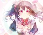  black_hair blush bow breasts choker eyebrows_visible_through_hair hair_bow hair_ribbon heart long_hair love_live! love_live!_school_idol_project maid mogyutto_&quot;love&quot;_de_sekkin_chuu! neck_ribbon pink_ribbon red_eyes red_ribbon ribbon rio_(9251843) short_sleeves small_breasts solo twintails upper_body yazawa_nico 