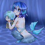  alternate_costume back bikini_top blue blue_background blue_eyes blue_hair blush box breasts bubble commentary_request dolphin_phoenix gift gift_box head_fins looking_at_viewer looking_back mermaid monster_girl ribbon short_hair sideboob simple_background sitting smile solo touhou underwater wakasagihime 