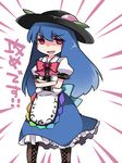  bad_id bad_pixiv_id blue_hair boots bow cross-laced_footwear crossed_arms food fruit hammer_(sunset_beach) hat hinanawi_tenshi long_hair looking_at_viewer open_mouth peach pink_eyes skirt smile smug solo touhou translated 