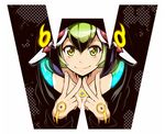  android bare_shoulders blush collarbone commentary_request dimension_w double_v green_eyes green_hair headgear hood hoodie looking_at_viewer multicolored_hair short_hair smile solo streaked_hair tom_(drpow) two-tone_hair v yurizaki_mira 