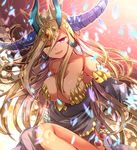  akirannu blonde_hair breasts cleavage crown dress grin hair_ornament heterochromia highres horns large_breasts long_hair petals pink_eyes puzzle_&amp;_dragons smile solo sonia_gran_reverse yellow_eyes 