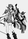  bangs bare_shoulders blindfold boots breasts cannon cleavage dress elbow_gloves gloves greyscale highres horns kantai_collection light_cruiser_hime long_hair looking_at_viewer mask medium_breasts monochrome one_eye_covered open_mouth parted_bangs removing_mask saimon_ma shinkaisei-kan skindentation solo standing teeth thigh_strap thighs turret 
