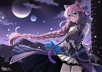  animal_ears blue_eyes braid castle cat cat_day cat_ears celine_(sen_no_kiseki) dated eiyuu_densetsu emma_millstein glasses holding holding_cat long_hair moon moonlight morisaki_kurumi mountain night night_sky open_mouth purple_hair ribbon sen_no_kiseki sen_no_kiseki_2 sky solo star_(sky) starry_sky twitter_username 