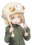  blonde_hair blue_eyes blush commentary_request fang fur_hat girls_und_panzer hat katyusha looking_at_viewer military military_uniform open_mouth pravda_military_uniform roll_okashi sheep_hat short_hair short_jumpsuit smile solo uniform upper_body ushanka white_background 