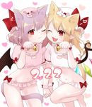  2girls ;d animal_ears ass_visible_through_thighs bad_id bad_pixiv_id bat_wings bell bell_choker between_legs black_wings blonde_hair blush bow cat_cutout cat_day cat_ears cat_tail choker closed_mouth cowboy_shot crop_top crystal dated eyebrows eyebrows_visible_through_hair eyelashes fang flandre_scarlet flat_chest gotoh510 groin hat hat_bow hat_ribbon heart holding_hands interlocked_fingers kemonomimi_mode leg_up legs_apart looking_at_viewer microskirt midriff mob_cap multiple_girls navel number one_eye_closed open_mouth panties paw_pose pink_hat pink_panties pink_skirt pointy_ears puffy_short_sleeves puffy_sleeves purple_hair red_bow red_eyes red_ribbon remilia_scarlet ribbon short_hair short_sleeves siblings sisters skirt smile standing standing_on_one_leg stomach symmetrical_hand_pose tail tail_between_legs touhou twitter_username underwear wavy_mouth white_background white_hat white_panties white_skirt wings wrist_cuffs 