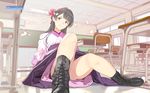  ankle_boots black_footwear black_hair boots bow brown_eyes classroom cross-laced_footwear hair_bow japanese_clothes kimono lace-up_boots long_hair mibu_natsuki solo 