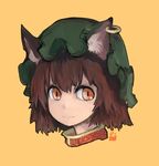  animal_ears cat_ears chen hat highres jewelry jimuguri_(dzimuguri) looking_at_viewer mob_cap orange_eyes short_hair simple_background solo touhou 