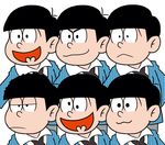  :&lt; :3 akatsuka_fujio_(style) black_hair brothers cross_eyed formal heart heart_in_mouth highres jitome male_focus matsuno_choromatsu matsuno_ichimatsu matsuno_juushimatsu matsuno_karamatsu matsuno_osomatsu matsuno_todomatsu messy_hair multiple_boys necktie osomatsu-kun osomatsu-san parody sextuplets siblings simple_background soramame_(08050625158) style_parody suit upper_body white_background 