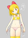 ? alternate_costume arms_at_sides artist_name ass_visible_through_thighs bangs bell bell_choker blonde_hair blush_stickers bow breasts brown_eyes cat_cutout cat_day cat_ear_panties cat_lingerie choker cleavage_cutout closed_mouth cowboy_shot dated doraemon dorami eyebrows eyebrows_visible_through_hair flower grey_background hair_bow head_tilt highres holding jingle_bell kokudou_juunigou legs_apart meme_attire motion_lines navel panties paw_print personification plaid plaid_panties red_bow side-tie_panties signature simple_background small_breasts smile solo stomach tail thighhighs thought_bubble underwear underwear_only yellow_legwear 