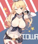  america american_flag blonde_hair breasts cleavage garter_straps hona_(pixiv7939518) iowa_(kantai_collection) kantai_collection large_breasts long_hair smile solo star star-shaped_pupils symbol-shaped_pupils thighhighs 