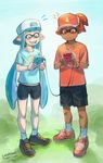  1boy 1girl 2016 artist_name backwards_hat baseball_cap bike_shorts blue_eyes blue_hair colo_(nagrolaz) dark_skin domino_mask game_boy handheld_game_console hat highres inkling mask red_eyes red_hair shirt shoes sneakers splatoon t-shirt tentacle_hair 