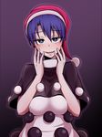  blue_eyes blue_hair doremy_sweet dress hands_on_own_cheeks hands_on_own_face hat kuroba_rapid looking_at_viewer nightcap pom_pom_(clothes) short_hair short_sleeves smile solo touhou yandere_trance 