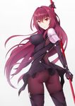  ass bodysuit breasts covered_nipples fate/grand_order fate_(series) gae_bolg highres large_breasts long_hair looking_at_viewer looking_back md5_mismatch pauldrons polearm purple_bodysuit purple_hair red_eyes sano_jinya scathach_(fate)_(all) scathach_(fate/grand_order) solo very_long_hair weapon 