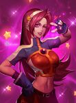  asamiya_athena fingerless_gloves fingernails gloves hair_ornament hairband heart highres jewelry long_hair navel one_eye_closed pink_eyes pink_hair skirt smile solo star star_hair_ornament the_king_of_fighters xiaoguimist 