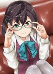  black_hair glasses green_eyes highres kamelie kantai_collection multicolored_hair okinami_(kantai_collection) school_uniform short_hair smile solo 