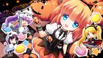  :d animal_costume bangs blunt_bangs chibi girlfriend_(kari) halloween highres himejima_kinoko jack-o'-lantern looking_at_viewer multiple_girls nanami_shiki open_mouth ponytail pumpkin purple_hair s_nyaau short_hair smile tareme tokitani_koruri yuuki_nae 