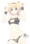  :o alice_margatroid animal_ears armpits arms_up bandeau black_bra black_panties blonde_hair blush bra cat_cutout cat_day cat_ears cat_lingerie cleavage_cutout collarbone contrapposto cowboy_shot eyebrows eyebrows_visible_through_hair fang frilled_bra frills hair_between_eyes hair_intakes hips meme_attire navel nirap open_mouth panties paw_pose paws plaid pom_pom_(clothes) side-tie_panties solo standing sweatband tooth touhou underwear underwear_only 