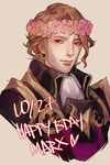  armor blonde_hair character_name fire_emblem fire_emblem_if flower grey_background hair_flower hair_ornament happy_birthday head_wreath heart male_focus marks_(fire_emblem_if) red_eyes simple_background sinnygoto solo 