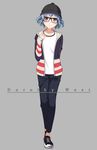  beanie bespectacled blue_eyes blue_hair casual character_name dorothy_west glasses hand_on_own_chest hat highres hood hoodie looking_at_viewer open_clothes open_hoodie pants pretty_(series) print_hat print_hoodie pripara qkei shirt shoes short_hair simple_background solo starry_sky_print striped striped_hoodie white_shirt 