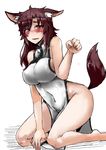  alternate_costume animal_ears barefoot blush breasts brown_hair china_dress chinese_clothes dress hand_up heiseikorotaisei hips huge_breasts imaizumi_kagerou impossible_clothes impossible_dress kneeling legs long_hair looking_at_viewer navel open_mouth paw_pose pelvic_curtain red_eyes shiny shiny_hair simple_background sleeveless sleeveless_dress solo stomach tail thighs touhou wavy_mouth white_background white_dress wolf_ears wolf_tail 