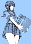  blue blue_background commentary_request fubuki_(kantai_collection) kantai_collection kouji_(campus_life) low_ponytail monochrome open_mouth pleated_skirt school_uniform serafuku short_hair short_ponytail short_sleeves sketch skirt solo 