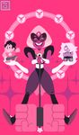  2girls amethyst_(steven_universe) artist_name bad_id bad_tumblr_id chibi crossed_arms curly_hair dark_skin fusion gloves grey_hair hammer multiple_girls pink_background purple_skin sardonyx_(steven_universe) star steven_quartz_universe steven_universe tooth_gap white_gloves 