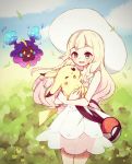  1girl :d bag bangs bare_arms bare_shoulders blonde_hair blue_sky braid carrying cloud collarbone cosmog cowboy_shot creatures_(company) day dress duffel_bag game_freak gen_1_pokemon gen_7_pokemon green_eyes hat highres leaf legendary_pokemon lillie_(pokemon) long_hair nintendo open_mouth outdoors pikachu pokemon pokemon_(creature) pokemon_(game) pokemon_sm see-through sky sleeveless sleeveless_dress smile sun_hat teeth totoma twin_braids white_dress white_hat 