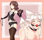  :3 absurdres all_fours animal_ears ball_gag bare_shoulders bdsm black_gloves black_shorts black_vest blush border breasts brown_hair brown_legwear brown_wings buttons cleavage closed_eyes collar collarbone dog_collar dog_lead elbow_gloves femdom gag garter_straps gloves hanging_breasts highres inubashiri_momiji kemonomimi_mode large_breasts leash leg_garter midriff multiple_girls navel nude o-ring out-of-frame_censoring pet_play pink_border pointy_ears red_eyes shameimaru_aya short_hair short_shorts shorts small_breasts standing stomach tail thighhighs tochinoko touhou vest whip wince wings wolf_ears wolf_tail 
