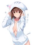  artist_name breasts cleavage girls_und_panzer hood hoodie medium_breasts naked_hoodie nishizumi_maho no_bra no_panties paw_print saikawa_yusa simple_background solo 