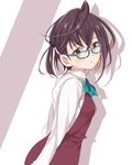  black_hair glasses green_eyes jiino kantai_collection multicolored_hair okinami_(kantai_collection) open_mouth pink_hair school_uniform short_hair solo 