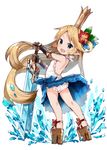  black_gloves blonde_hair blue_eyes charlotta_fenia crown dress floating_hair flower full_body geta gloves granblue_fantasy hair_flower hair_ornament hibiscus holding holding_weapon long_hair looking_at_viewer meito_(maze) open_mouth platform_footwear simple_background smile solo splashing standing sword very_long_hair water weapon white_background white_dress 