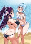  alternate_hairstyle arched_back ass beach bikini blue_eyes blue_hair breasts day half_updo infinite_stratos large_breasts long_hair looking_at_viewer looking_back multiple_girls natsu_no_oyatsu outdoors polka_dot polka_dot_bikini ponytail purple_eyes purple_hair sarashiki_kanzashi shinonono_houki smile strap_gap swimsuit very_long_hair water 