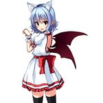  :d animal_ears back_cutout bat_ears bat_wings belt black_legwear blue_hair blush bow cowboy_shot dress eyebrows eyebrows_visible_through_hair fang from_behind junior27016 kemonomimi_mode open_mouth paw_pose pointy_ears puffy_short_sleeves puffy_sleeves red_bow red_eyes red_ribbon remilia_scarlet ribbon short_hair short_sleeves simple_background smile solo standing thighhighs tooth touhou tsurime vampire wavy_hair white_background white_dress wings wrist_cuffs zettai_ryouiki 