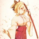  blonde_hair commentary_request fate_(series) hakama half_updo japanese_clothes katana kimono koha-ace kurikara meiji_schoolgirl_uniform okita_souji_(fate) okita_souji_(fate)_(all) petals ponytail red_hakama scabbard sheath solo sword weapon 