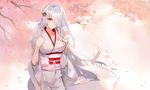 albino bear_hair_ornament breasts cherry_blossoms girls_frontline hair_ornament highres japanese_clothes kimono kishiyo large_breasts long_hair long_sleeves obi pk_(girls_frontline) red_eyes revision sash silver_hair smile solo very_long_hair wide_sleeves 