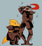  alphys angry armor blush cosplay dragon_girl eyepatch fins fish_girl glasses gloves height_difference laughing matching_outfit monster_girl multiple_girls plump ponytail red_hair ryokutya1107 sharp_teeth shoulder_pads simple_background sweatdrop tail teeth tongue tongue_out undertale undyne undyne_(cosplay) 