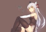  absurdres amatsukaze_(kantai_collection) black_legwear china_dress chinese_clothes dress elbow_gloves from_side gloves grey_background hat highres kantai_collection long_hair looking_at_viewer simple_background sitting solo thighhighs two_side_up white_gloves white_hair wulazula yellow_eyes 