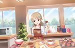  apron artist_request bag blonde_hair blush brown_eyes chocolate collarbone cookie_cutter cupcake d: drill_hair earrings eyebrows eyebrows_visible_through_hair food fruit gift idolmaster idolmaster_cinderella_girls idolmaster_cinderella_girls_starlight_stage jewelry lamp long_hair long_sleeves looking_away measuring_cup microwave mixing_bowl morikubo_nono official_art open_mouth plant plastic_bag recipe_(object) rolling_pin solo spatula strawberry tree whipped_cream whisk window 