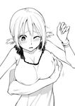  blush breast_grab breasts covered_nipples dress grabbing grabbing_from_behind greyscale hige_(hige2) highres large_breasts monochrome one_eye_closed original short_hair short_twintails solo_focus twintails upper_body 