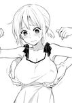  blush breast_grab breasts covered_nipples dress grabbing grabbing_from_behind greyscale hige_(hige2) highres large_breasts monochrome original short_hair short_twintails solo_focus twintails upper_body 