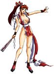 bare_hips bare_legs bare_shoulders breasts closed_fan fan fang fatal_fury folding_fan full_body gloves japanese_clothes large_breasts long_hair long_legs looking_at_viewer ninja oobari_masami open_mouth ponytail revealing_clothes shiranui_mai simple_background smile solo standing the_king_of_fighters 