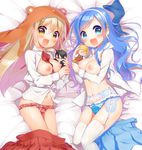  2girls :3 :d animal_costume between_breasts blonde_hair blue_eyes blue_hair blue_panties blush breasts brown_eyes character_doll commentary_request doma_taihei doma_umaru floral_print garter_belt hairband hamster_costume himouto!_umaru-chan hood lingerie long_hair looking_at_viewer lying medium_breasts minami_(apricot_tea) multiple_girls navel nipples no_bra on_side open_clothes open_mouth open_shirt panties panty_pull pink_panties plaid plaid_panties shirt skirt skirt_pull smile symbol-shaped_pupils tachibana_alex tachibana_sylphynford thighhighs underwear very_long_hair white_legwear 