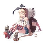  amatsukaze_(kantai_collection) anchor_hair_ornament back-to-back blonde_hair brown_eyes elbow_gloves garter_straps gloves hair_ornament hairband highres kantai_collection long_hair multiple_girls red_legwear rensouhou-chan saiste shimakaze_(kantai_collection) silver_hair simple_background sitting smile striped striped_legwear thighhighs very_long_hair white_background white_gloves 